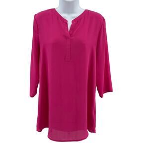 Ellen Tracy Blouse WMNS S Hot Pink 3/4 Sleeve Pullover Split-Neck Casual Office